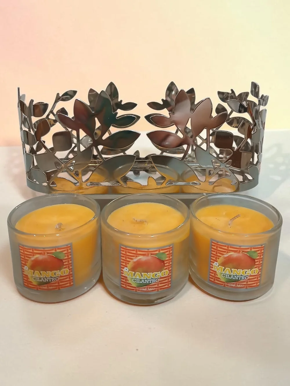 Bath & Body Works Mango Cilantro Votive Candle Set with Silver Leaf Holder